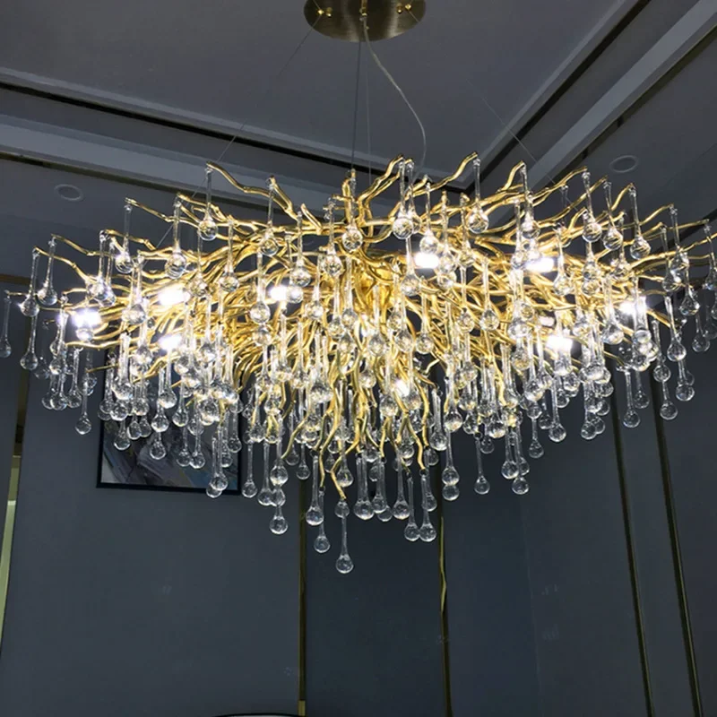 

Modern Crystal Chandeliers for Dining Rooms Round Gold Branch Raindrop for Ceiling Kitchen Bedroom Pendant Light Fixture