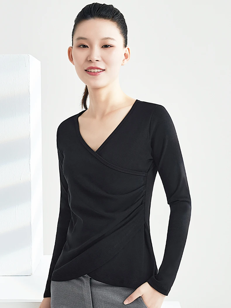 

Women Cotton T-shirt V-neck Long Sleeve women shirt All match Lady Top Black White Gray Yellow Shir
