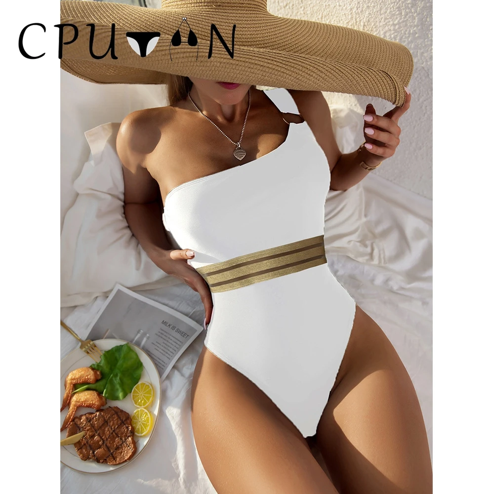 

CPUTAN 2024 One Shoulder Swimsuit Sexy One Piece Swimwear Summer Women Vintage Solid Brazilian Monokini Beachwear Bathing Suit