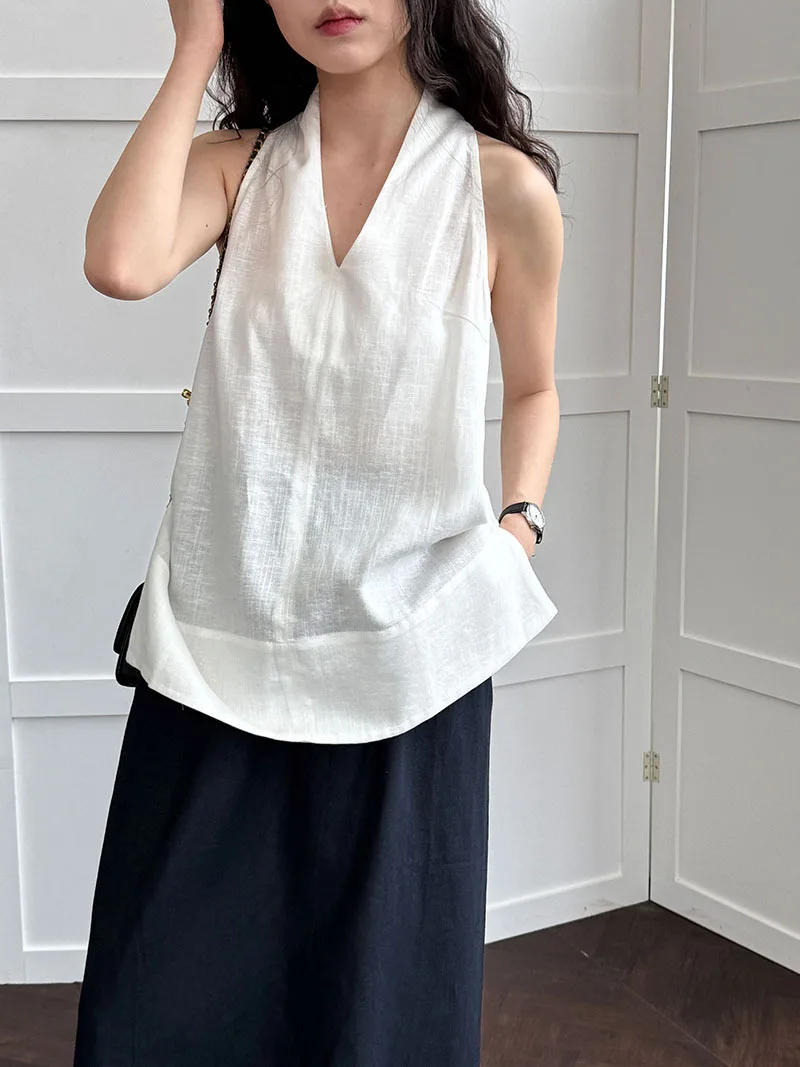 T-shirt con scollo a V in lino francese da donna, nuova maglietta estiva con bretelle stile vacanza