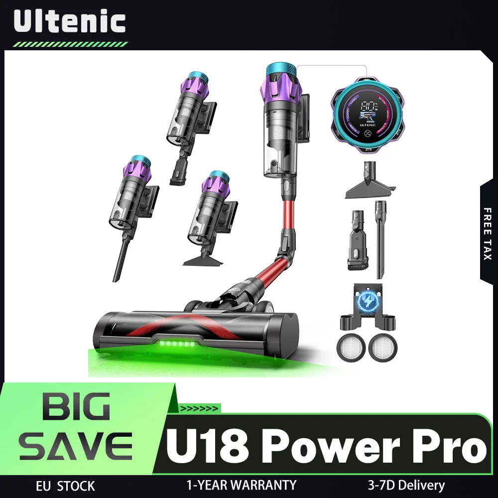 600W Motor, Ultenic U18 Power Pro Cordless Vacuum Cleaner, 55KPA Suction Power, Up to 80 Min Run Time, 4–5H Charging Time, Extreme Autonomy and Full Control, Advanced Multi-Cyclone System, Anti-Tangle