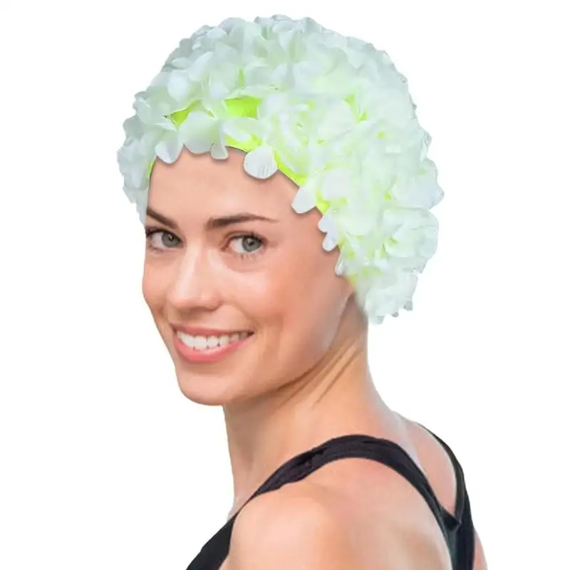 Gorro de baño con flores 3D para mujer, gorro de baño transpirable hecho a mano, capucha de buceo de pelo largo suave, protección para los oídos, accesorios para piscina