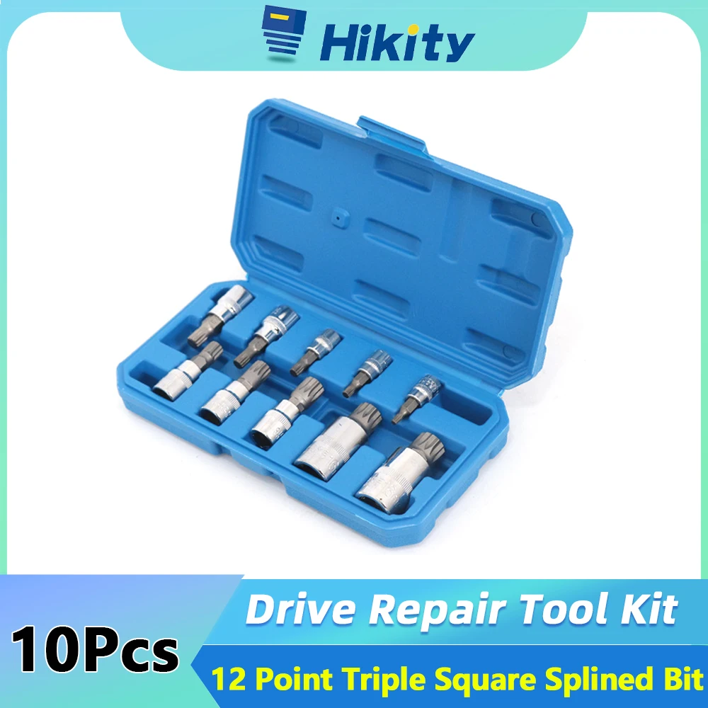 Hikity Professional 10 Pcs 12 Point Triple Square Spline Bit Socket Set M4-M18 1/4