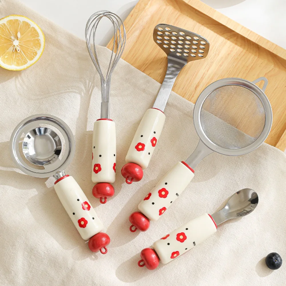 

5pcs Stainless Steel Dopamine Baking Tool Rust-proof Comfortable Handle Egg Beater/Separator/Spoon Thickened Cooking Tool Set