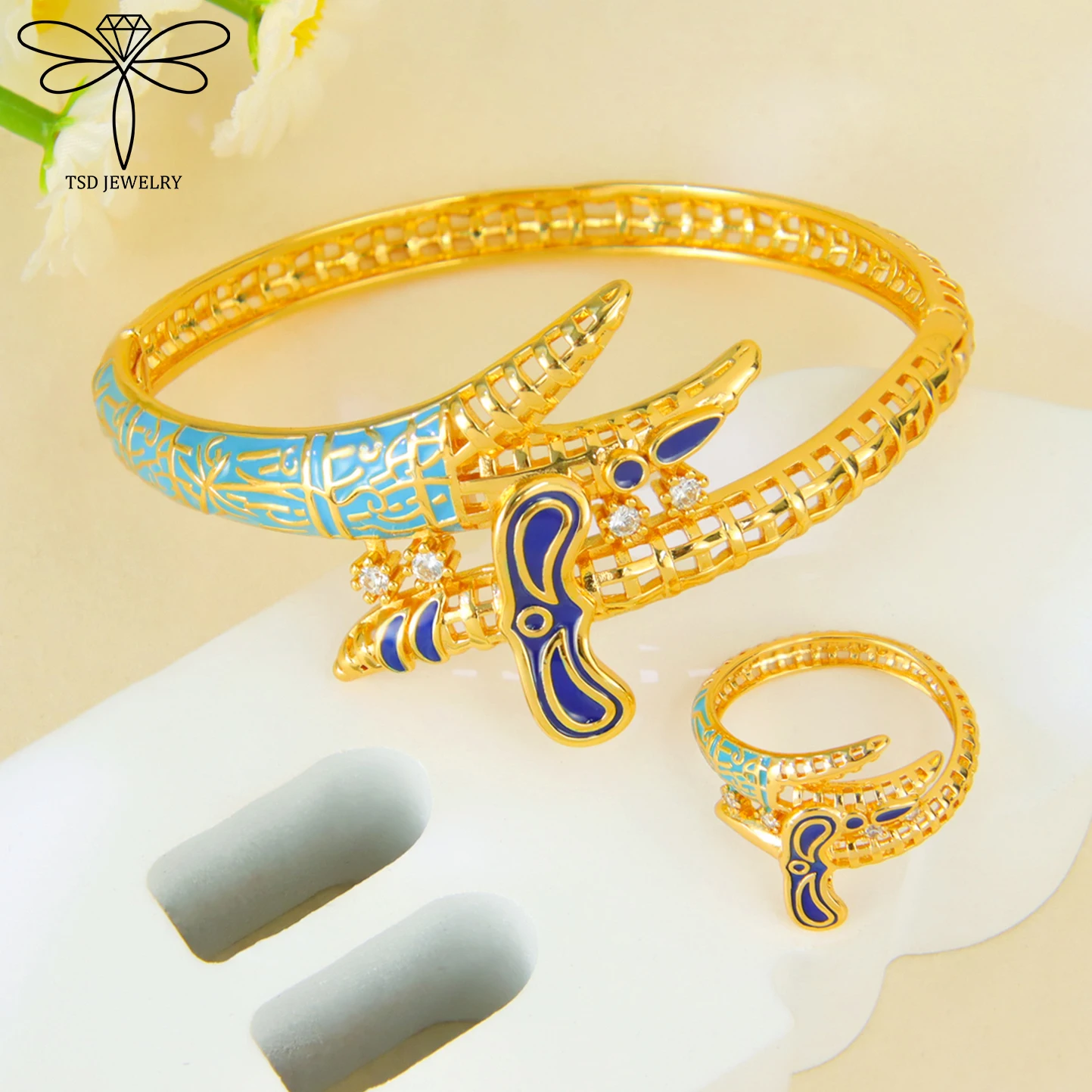 

Italian Fashion Enamel Irregular Bracelet Rings Set 21k Gold Plated Brazilian Hip Hop Exotic Bangles Arabic Women Party Jewelry