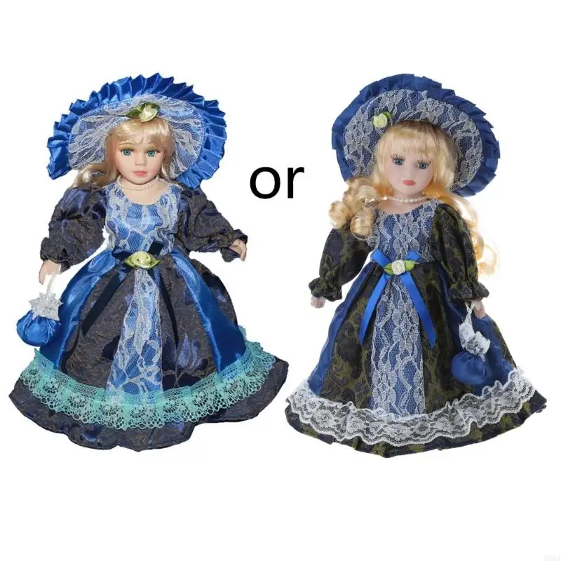 

D5QA Victorian Porcelain for Doll Retro Handicraft Collectible Blue Eyes Hat Dress Handbag Blonde Hair with Stand Home Orname