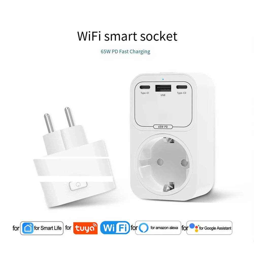 For Smart WiFi 65W For GaN Charging Socket 4 In With 2 Type C And USB A Port For EU Wall Fast Charge App Control Home Electrical