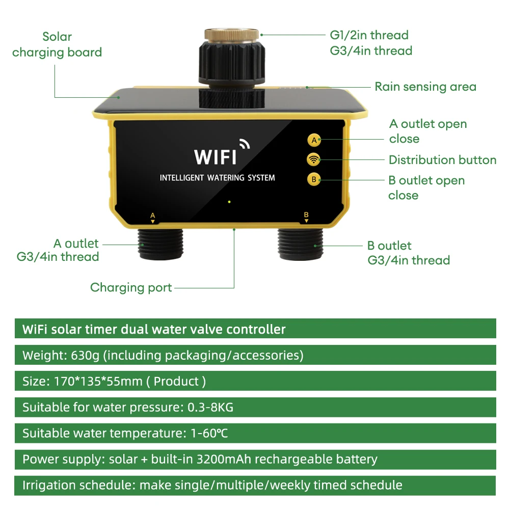 WiFi Solar Timer Dual Water Valve Two Outlets Automatic Drip Irrigation Controller for  Irrigation Lawn Garden Greenhouse