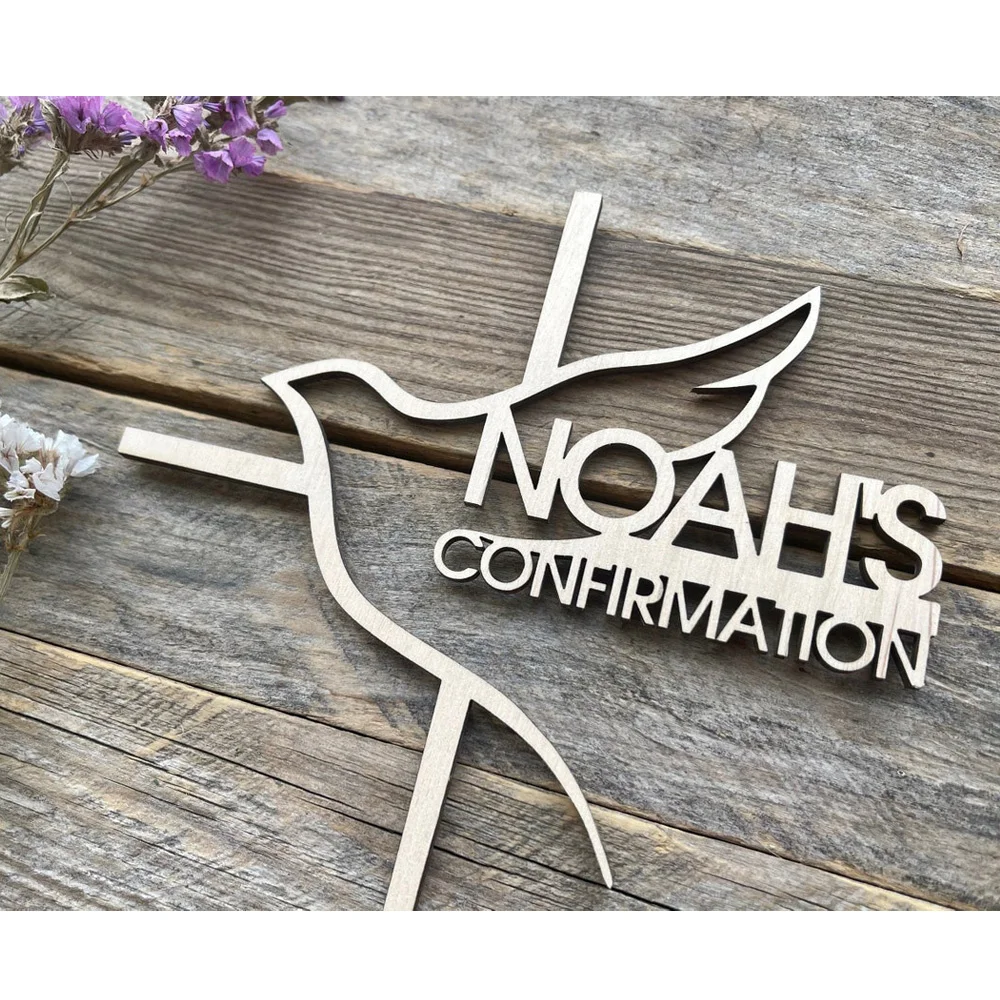 Personalized Name Communion Cake Topper Wooden Custom God Bless Christening Baptism Holy Spirit Baby Shower Birthday Party Gift