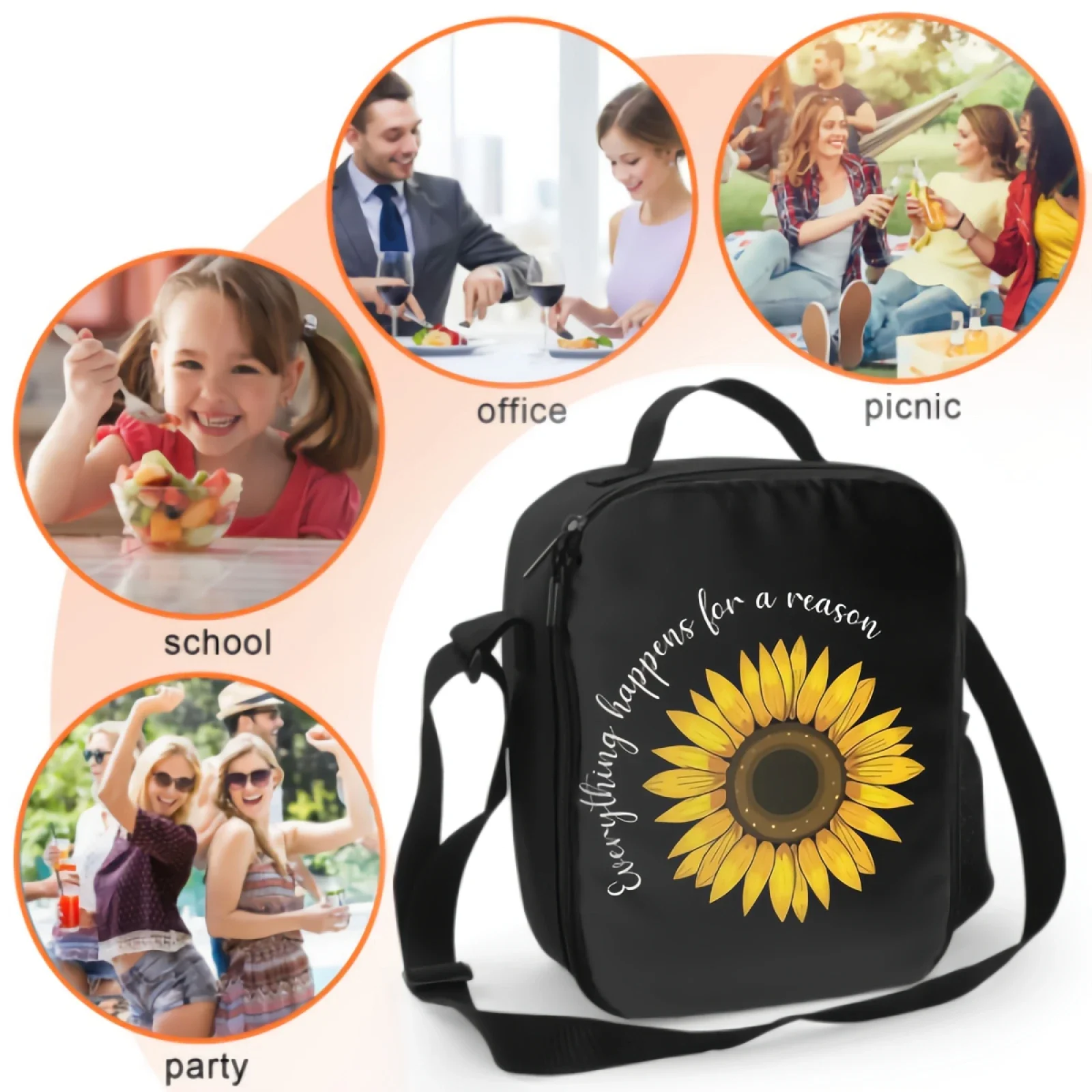 Boîte à lunch isotherme tournesol 3D avec citation, sac isotherme avec sangle initiée réglable, sac fourre-tout pour le travail scolaire, le voyage de pique-nique