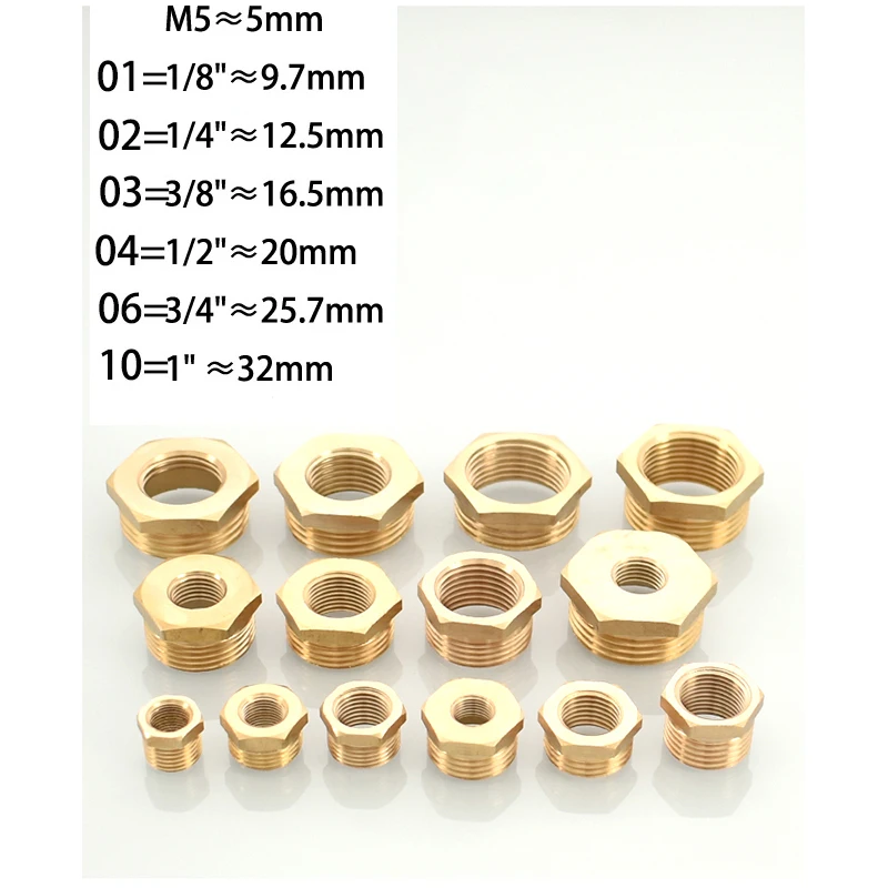 Brass Hex Bushing Reducer Pipe Fitting 1/8 1/4 3/8 1/2 3/4 F to M Threaded Reducing Copper Water Gas Adapter Coupler Connector