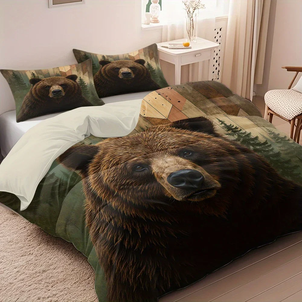 

3 шт. Набор одеял с принтом коричневого большого медведя и винтажных деревянных досок — в комплект 1 пододеяльник и 2 наволочки (без наполнителя)