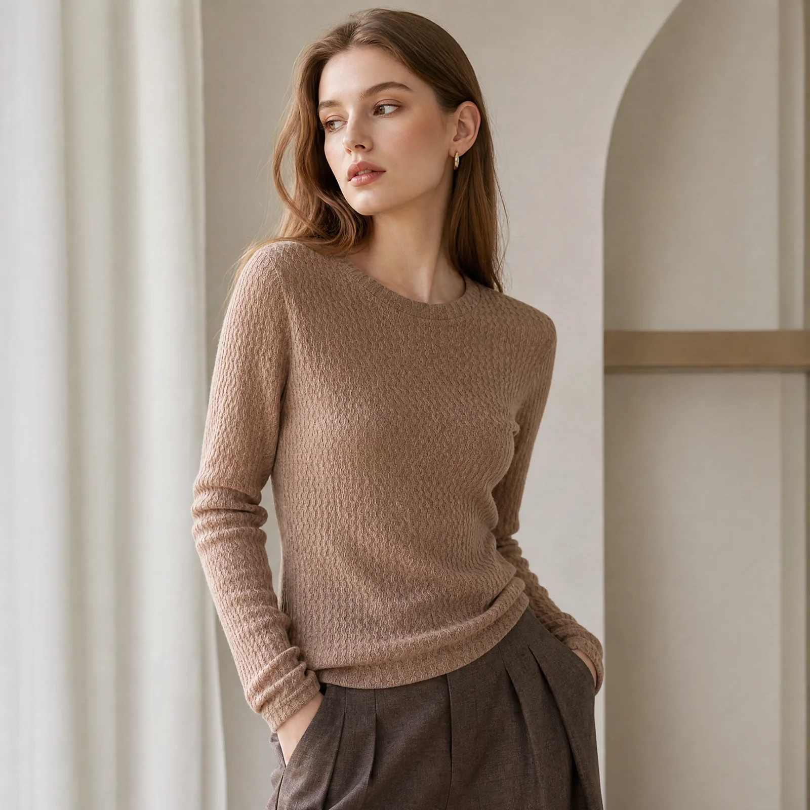 Women Vintage Textured Knit Jumper Round Neck Long Sleeve Slim Fit Soft Warm Knitted Top Casual Office Basic Sweater