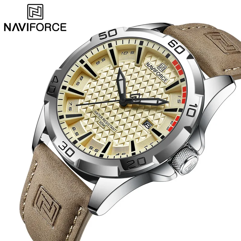 Marca Naviforce, relojes de lujo para hombre, correa de cuero, reloj de pulsera militar resistente al agua para hombre, reloj de cuarzo con fecha,