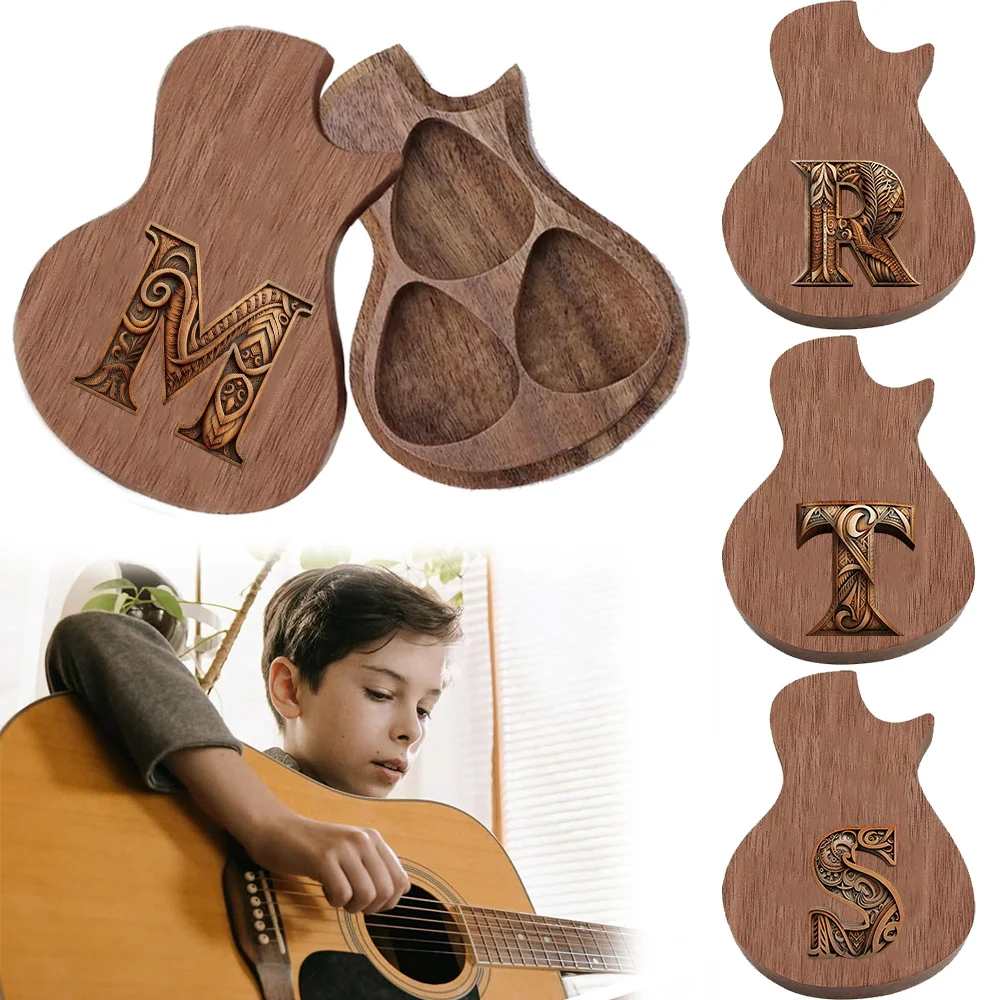 

1pc Guitar Plectrum Case With Wood Art Letter Scheme Ideal For Daily Practice Storage Accessory Initial Name 26 Letters Pattern