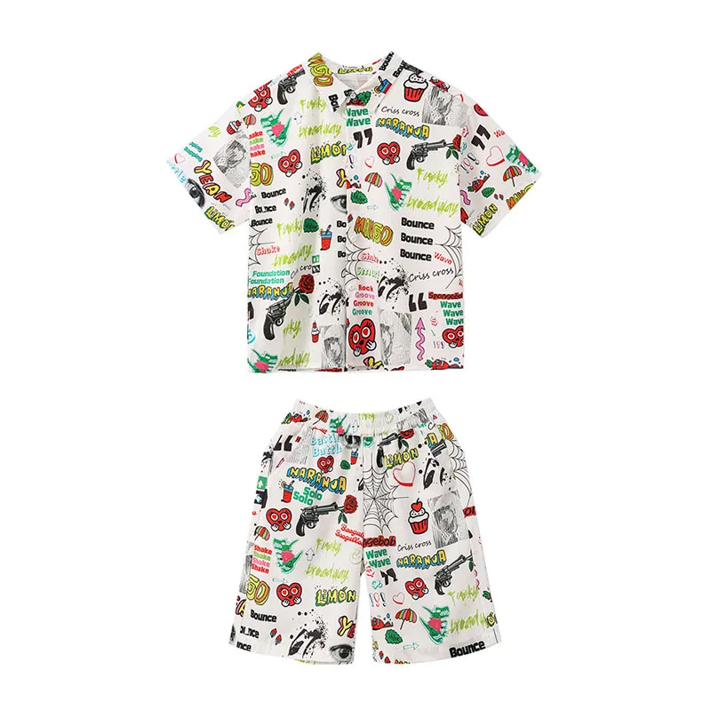 Kid Kpop Hip Hop Kleding Witte Graffiti Print Korte Mouw Top Shorts Set voor Meisje Jongen Jazzdans Kostuums Dragen Kleding