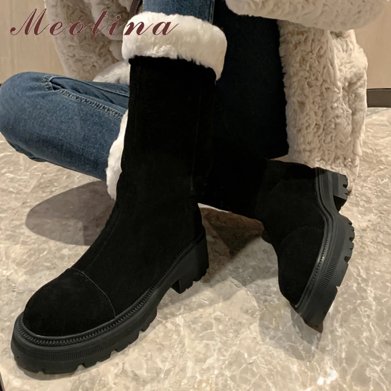 

Meotina Women Genuine Leather Mid Calf Boots Round Toe Thick Mid Heels Platform Wool Cow Suede Ladies Fashion Shoes Winter 40