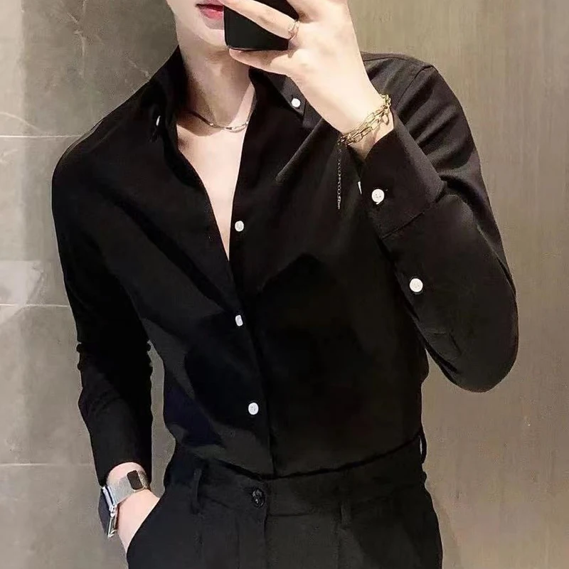 Men Clothing Spring Autumn Korean Fashion Business Casual Button Down Shirts Male Black White Long Sleeve Slim Formal Tops M-4XL