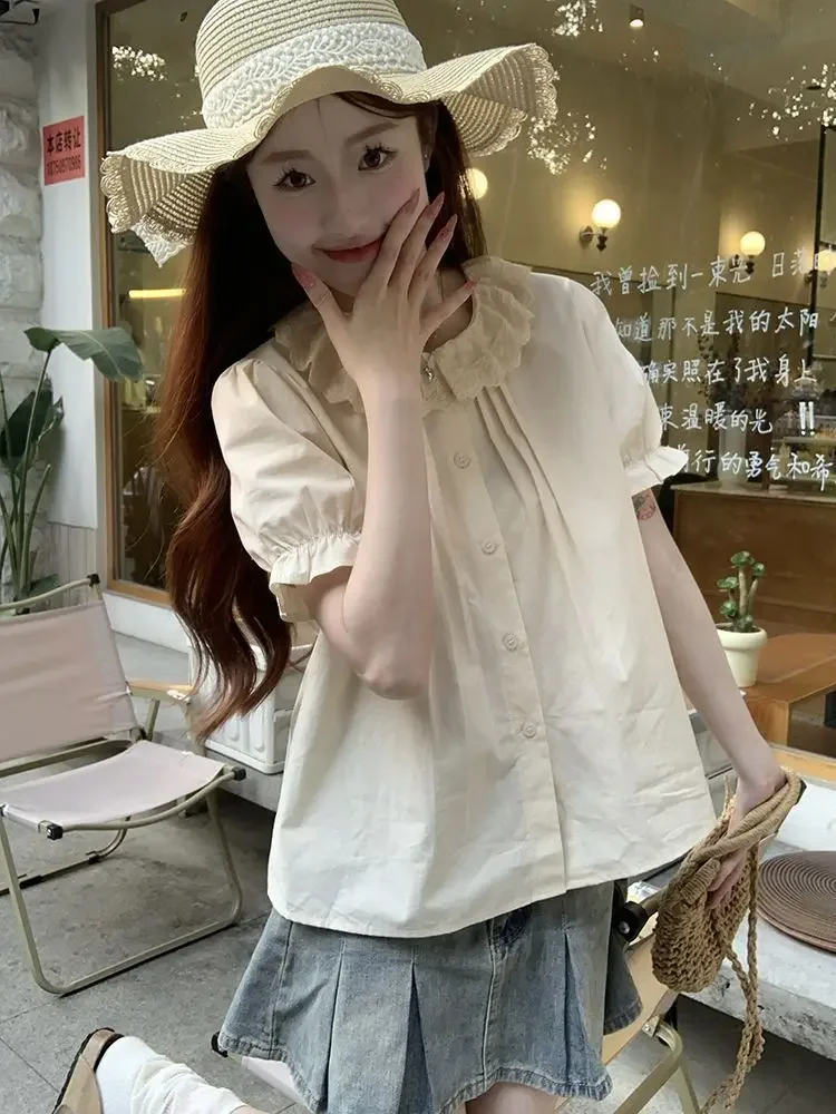 Preppy Style Sweet Shirt Women Korean Lace Floral Patchwork Blouse Summer Cute Peter Pan Collar Casual All Match Lady Tops