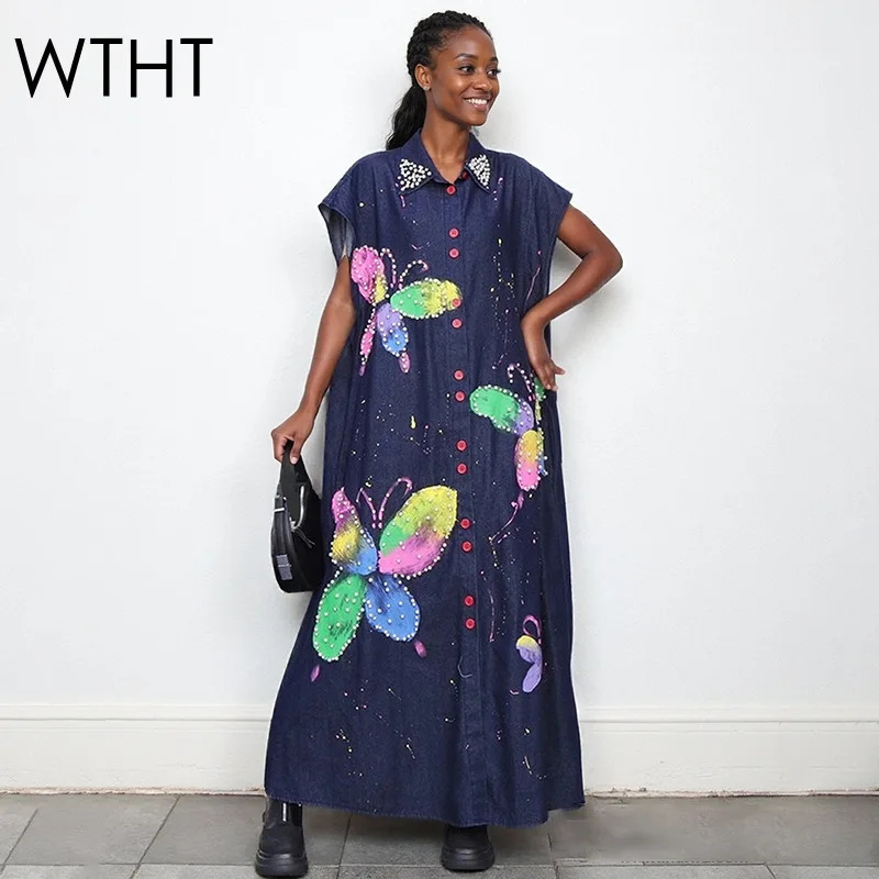 

WTHT модное новое женское джинсовое платье без рукавов с яркими жемчужными бабочками и лацканами, осень 2022, однобортные платья, женские 1LS2470