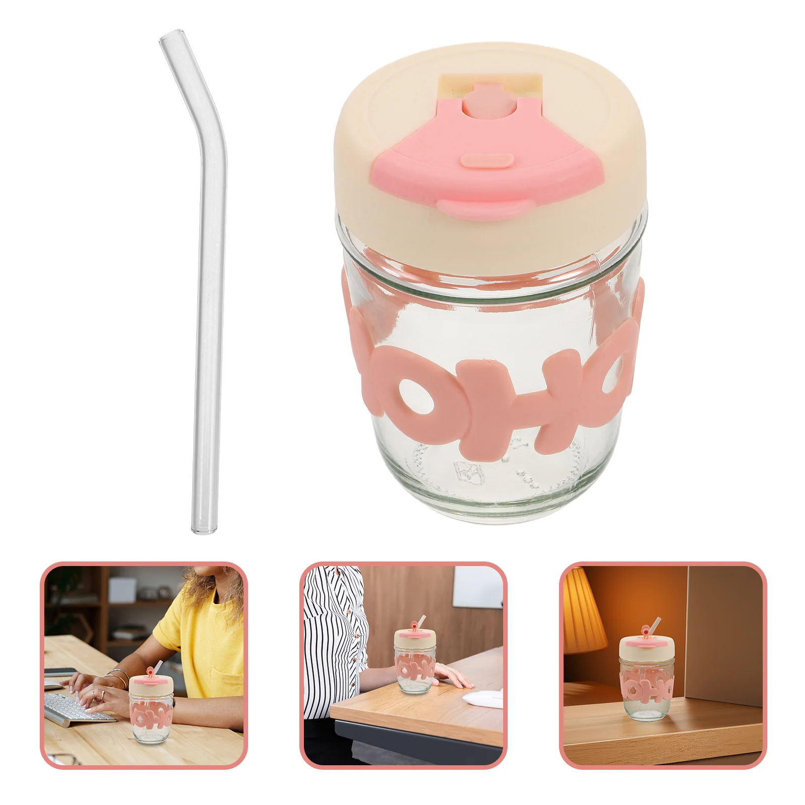 

350Ml Double Drinking Cup Transparent Reusable Glass Tumbler with Lid Straw Versatile Adorable Design for Coffee Tea Juice Cold