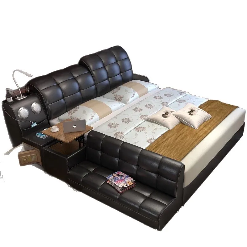 

Smart tatami bed double bed solid wood multi-functional cast first layer cowhide soft bag master bedroom