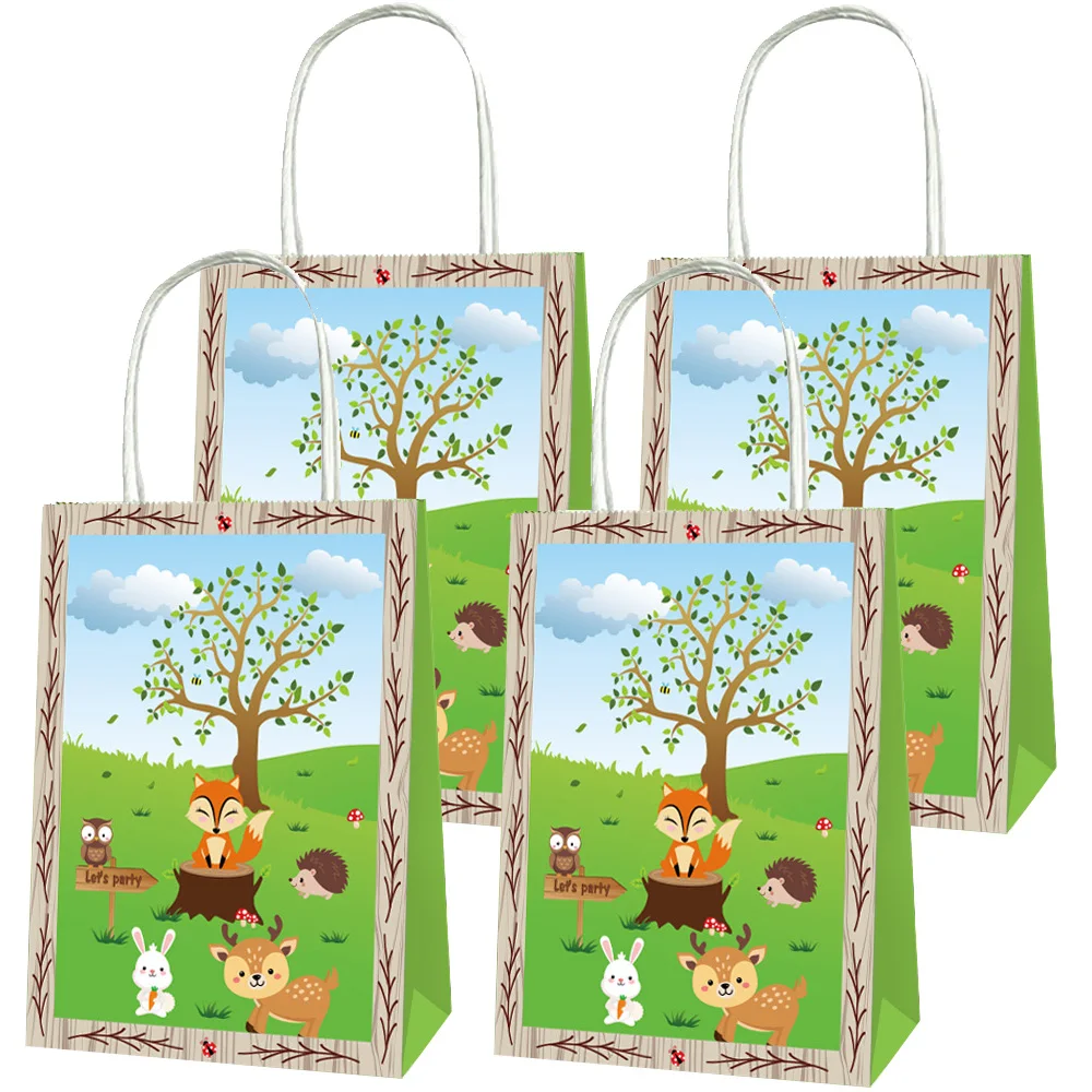 5/10/20pcs Jungle Cartoon Animals Kraft Paper Gift Bags with Handles Candy Bag Jungle Party Kids Birthday Baby Shower Supplies