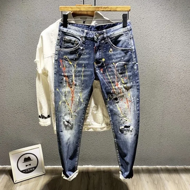 

Trousers Star Man Cowboy Pants Cropped Elastic Men's Jeans Stretch Light Blue with Print Clothes Y2k 2000s Spring Autumn Washed