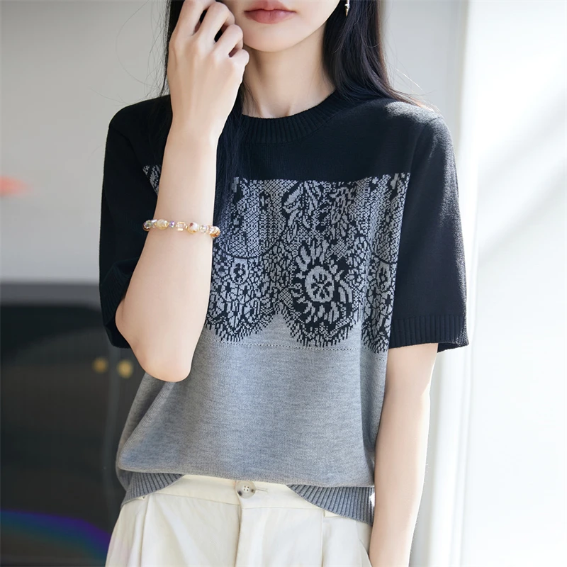 

Летняя женская футболка из 100% лиоцелла, повседневный вязаный пуловер с коротким рукавом, свободная футболка с круглым вырезом, модный топ с вышивкой