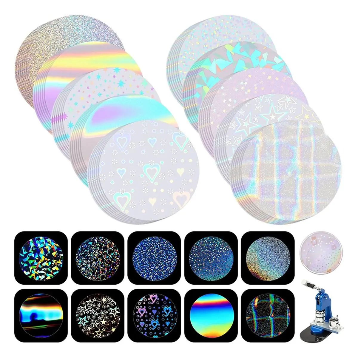 【~ NEW ABKM】300 Pcs 58mm Badge Maker Holographic Films, 10 Styles, Compatible with 2.25 Inch Button Machines