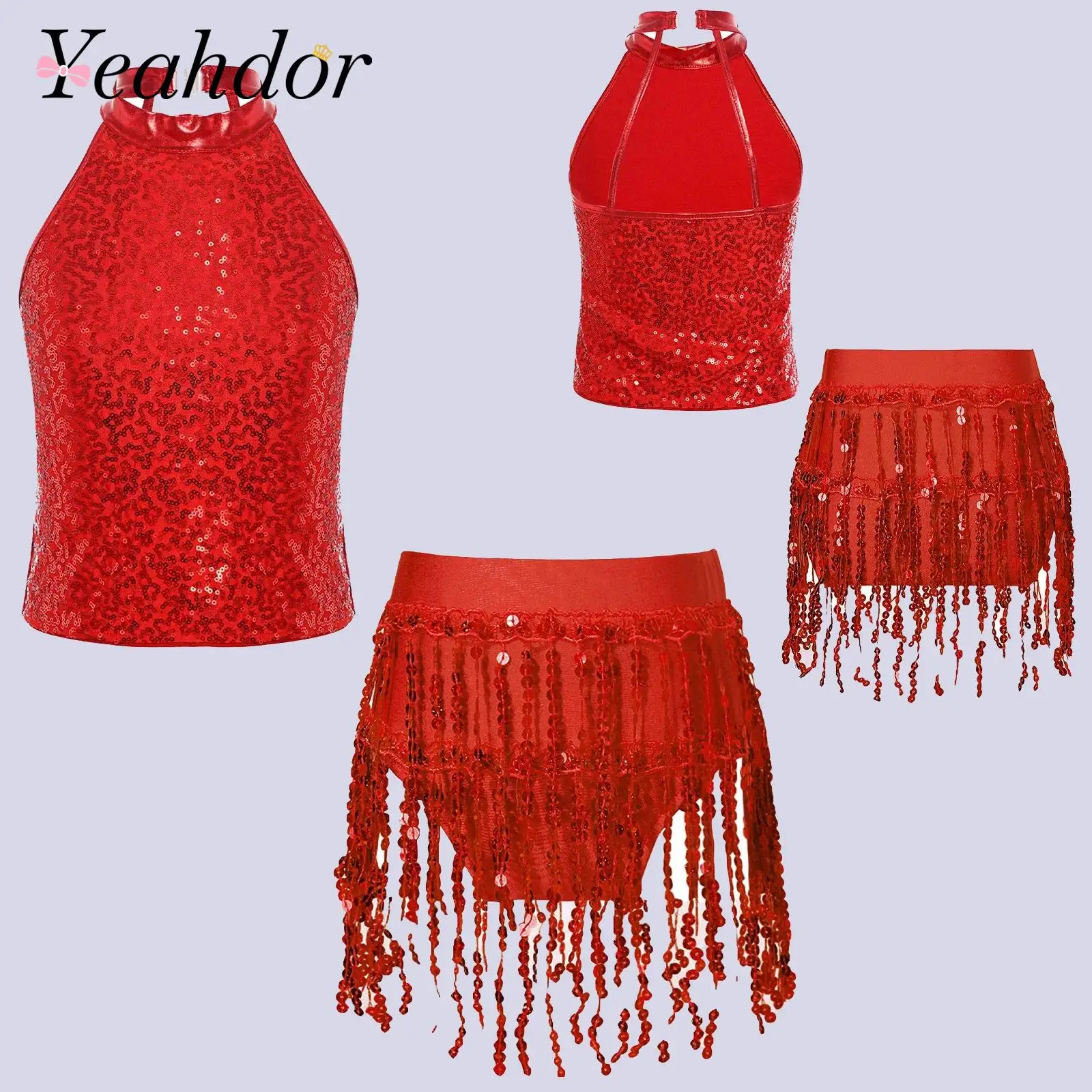 

Girls Sparkling SequinsDance Clothes Set Children Outfits Sleeveless Backless Crop Top Briefs Fashion Kids Tassel Streetwear