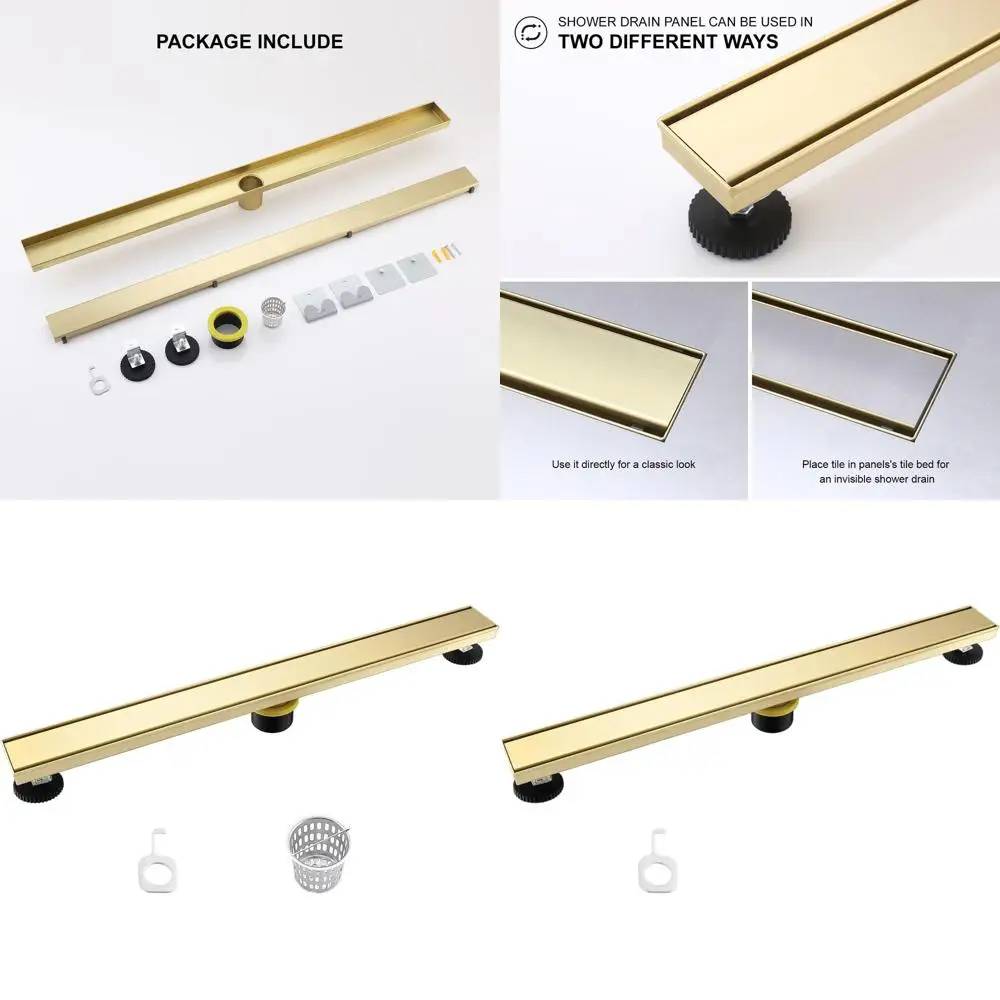 24-Inch Brushed Gold Linear Shower Drain with Tile Insert and Hair Strainer