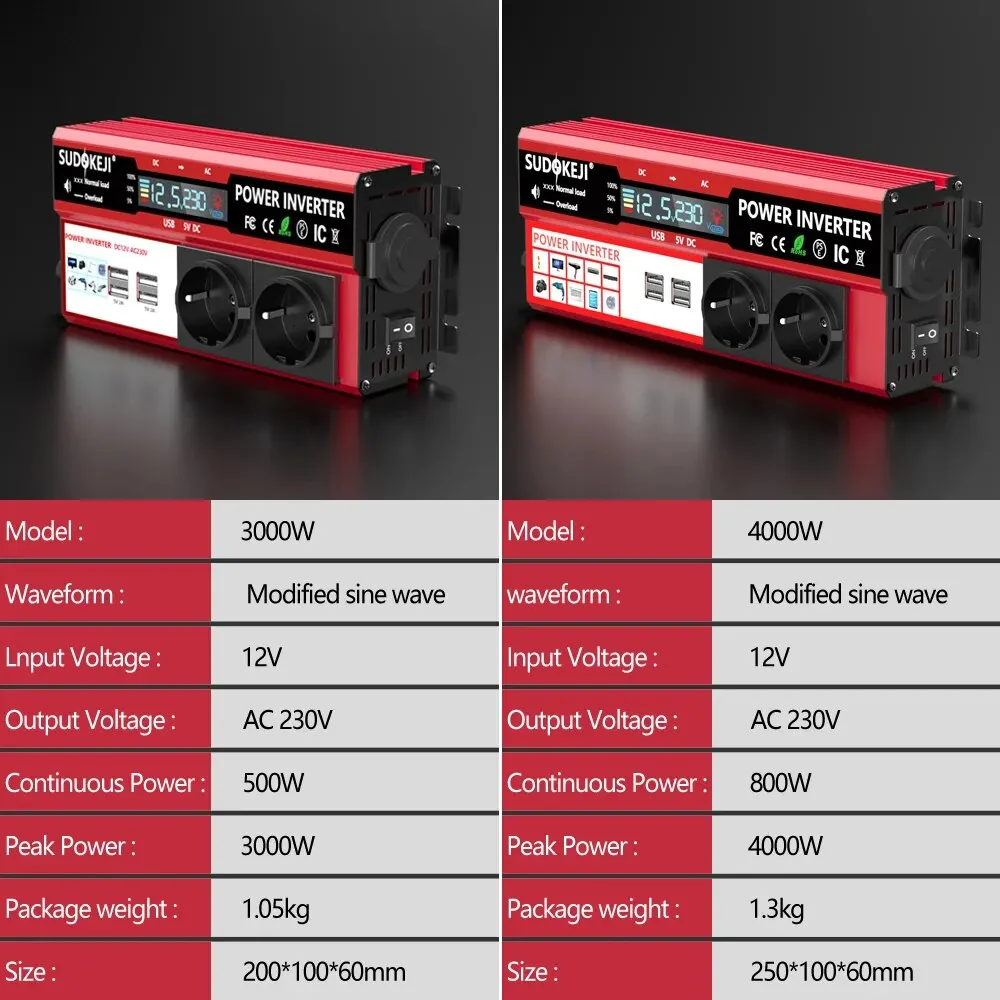 4000w 3000w電源インバーターdc 12v to ac 220v 230v変圧器4 usb euソケット充電付きledディスプレイrv電話車用