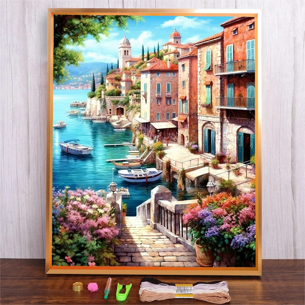 

DIY Seaside Building Embroidery Kit Landscape Painting Handicrafts Cross Stitch Kits Beginner Embroidery Kit Needle Art Material