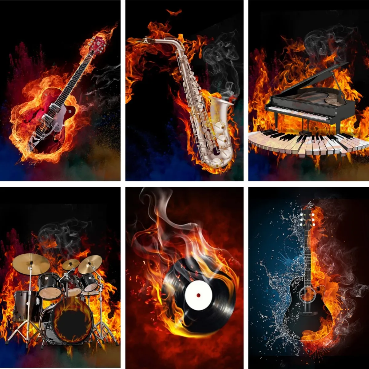 Guitar Saxophone Piano Drum Set DIY Diamond Painting , Fire and Music Instruments on Fire Surrealist Design , Music Lover Gift