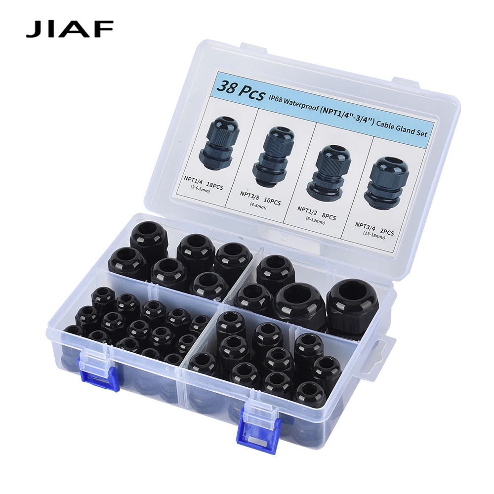 

38PCS NPT1/4-NPT3/4 Plastic Waterproof Cable Gland Nylon Black Cable Fixing Joint NPT3/8 With Gasket Range For 3-18mm Set