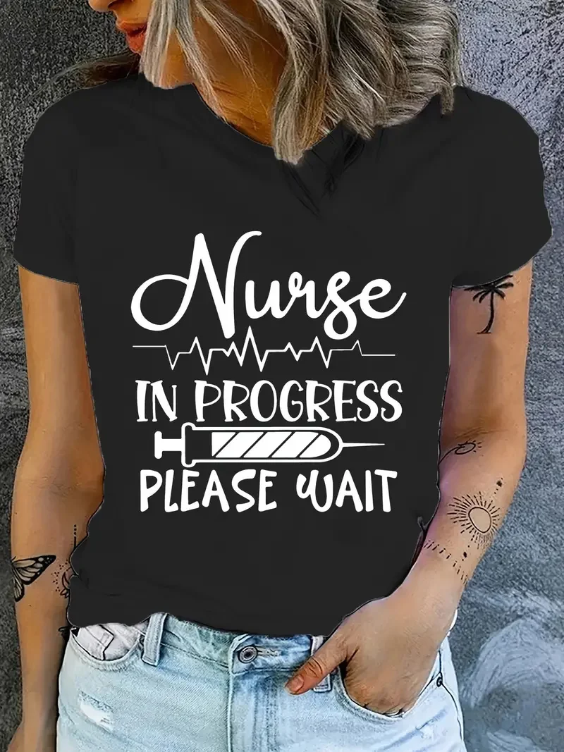 2024 New Flower Pattern And Nurse Letter Printed T-shirt Summer Leisure Comfortable Round Neck Top Nurse\'s Day