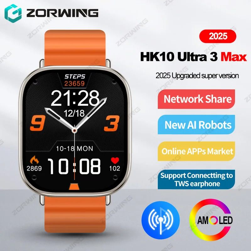 

HK10 Ultra 3 Max AMOLED Smart Watch Men Network Share Connection Smartwatch Online AI Robots Photo Album Sport Watch New Upgrade