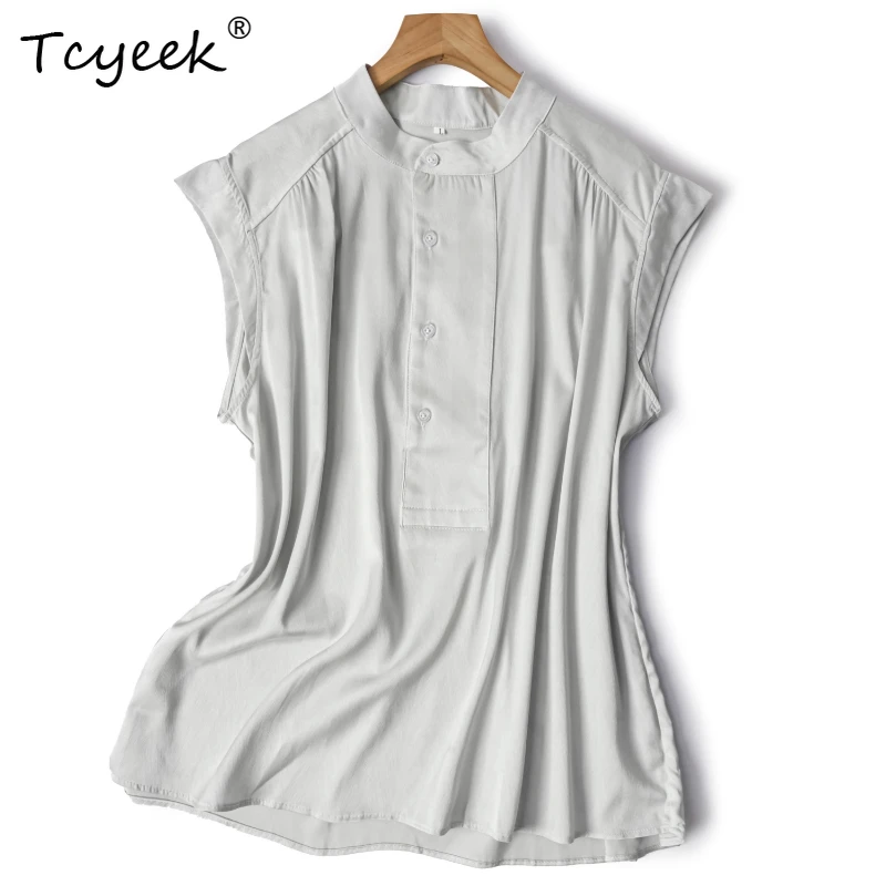 

Tcyeek 93% Mulberry Silk 7% Spandex Summer Thin Round Neck Sleeveless Loose Light Gray Women's Shirts Женская Одежда חולצותנשים