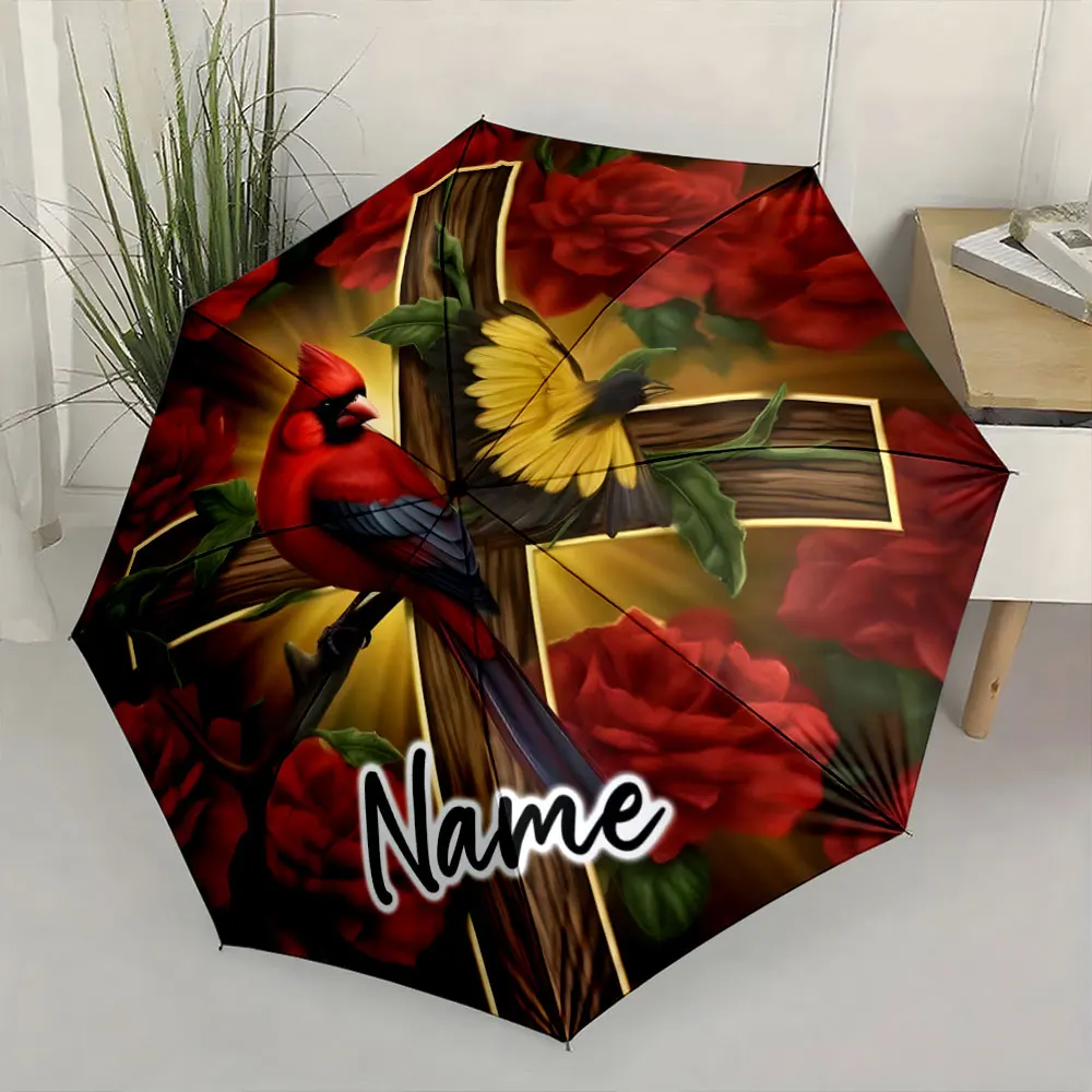 Custom Name  Colorful Cardinal and Floral Cross Design Umbrella Print 8 Iron Ribs Folding Umbrella Auto-Open Fashion Sunshade