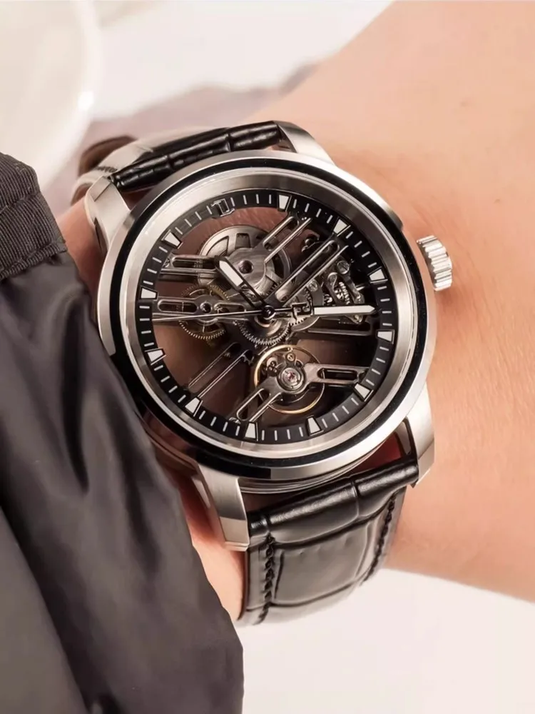 Luxury Men Watches Hollow Out Transparent Fashion Leather Strap Needle Buckle Business Casual Top Quality Mechanical Wrist Watch