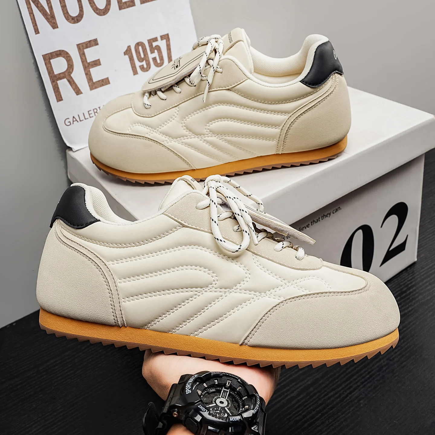 Cream White Retro Sneakers for Men Lace Up Suede Low Top Shoes Black Heel Gum Rubber Sole Classic Casual Walking Footwear