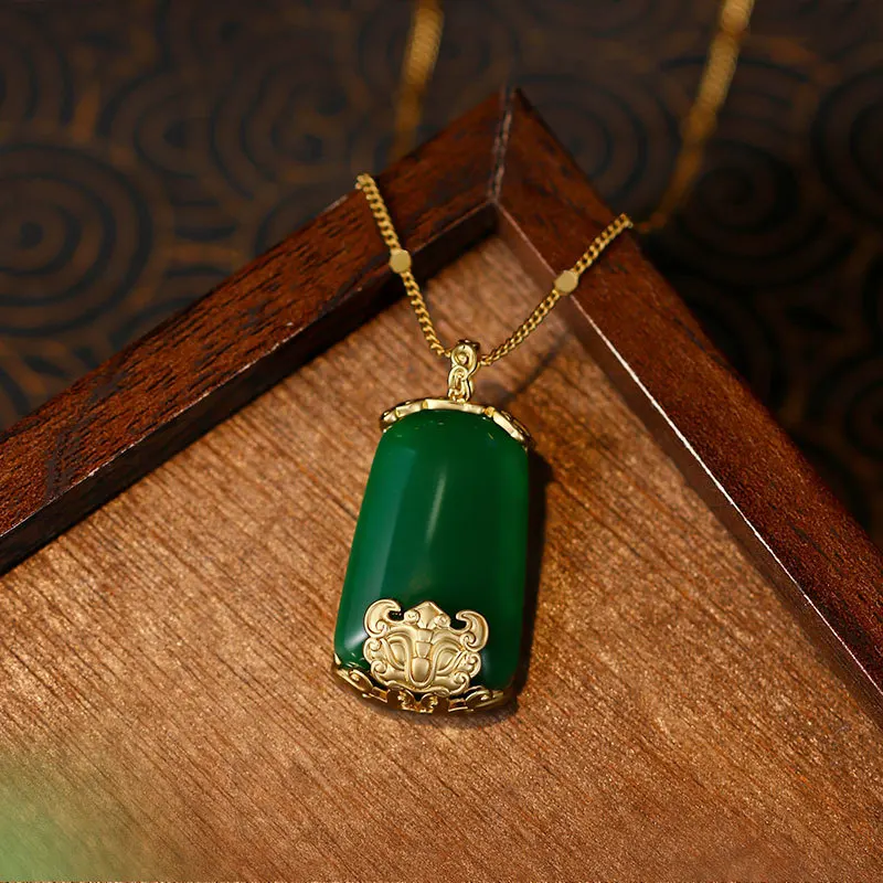 Zen Copper Gold Plated Faux Jade Five Blessings Pendant Geometric No Trouble Plaque Minimalist Sophisticated Necklace for Women