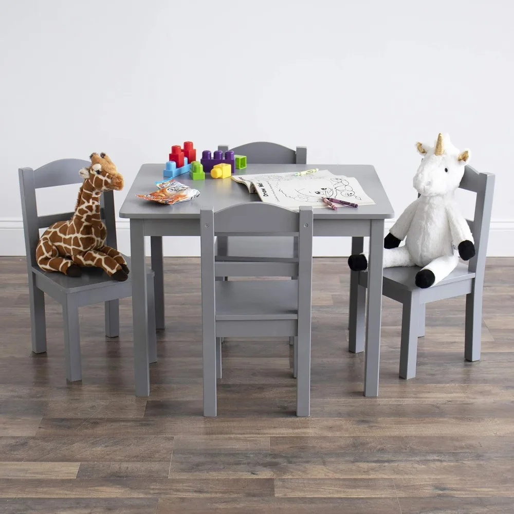 Mesa e Conjunto Infantil de Madeira, 4 Cadeiras, Cinza