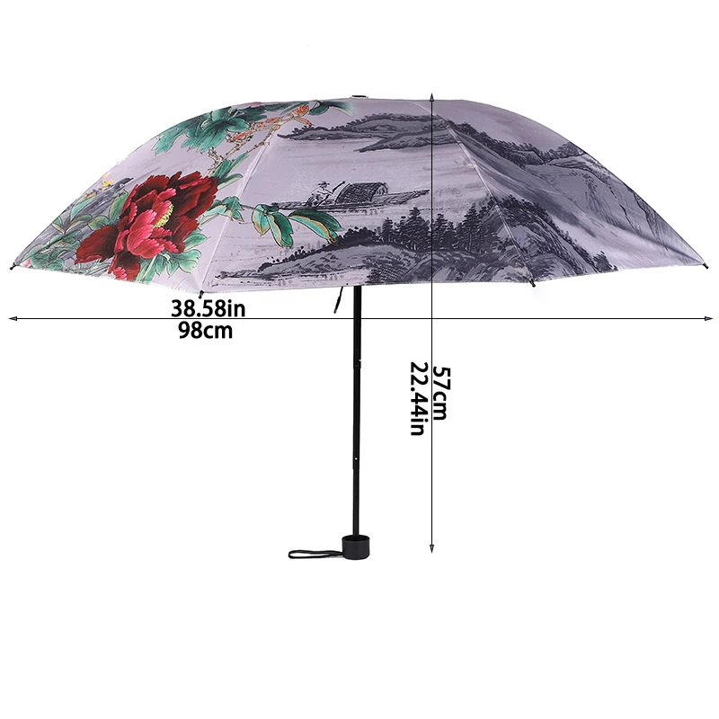 Red leaf Chinese Style Three Fold Manual Umbrella Peony  Pattern Umbrella，Face Black Glue Coated Sun Umbrella Parasol