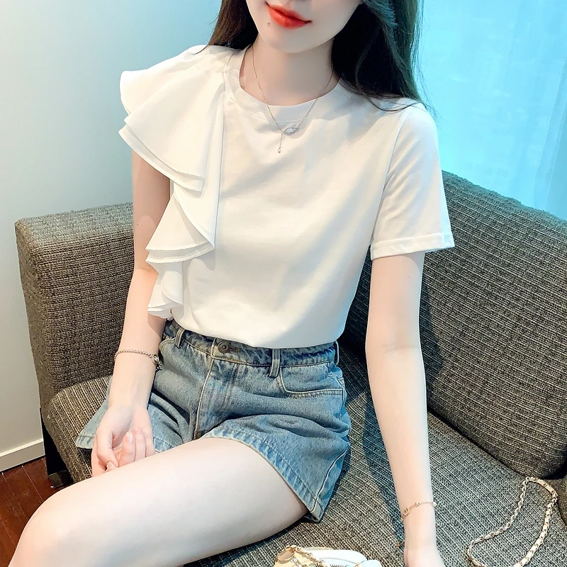 Fashion Butterfly Short Sleeve Ruffle T-shirt 2024 Summer Irregular White T Shirt Women Temperament Unique Round Neck Loose Tops