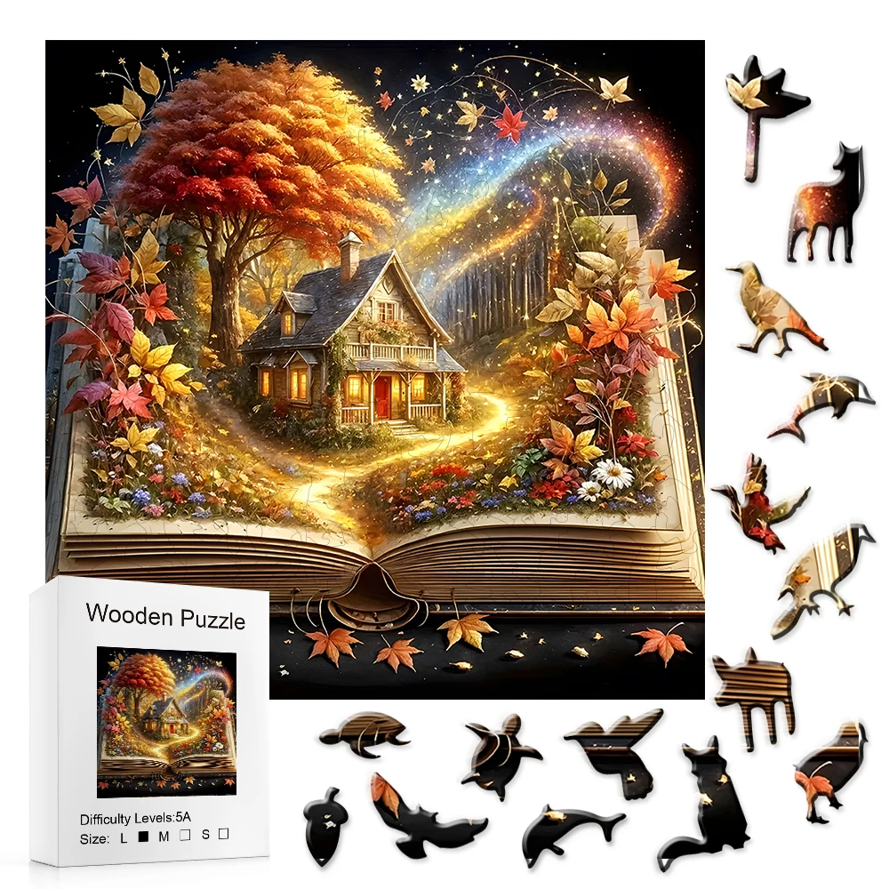Open Book Autumn Cabin Wooden Jigsaw Puzzle, Starry Fantasy Landscape For Relax & Home Decor.