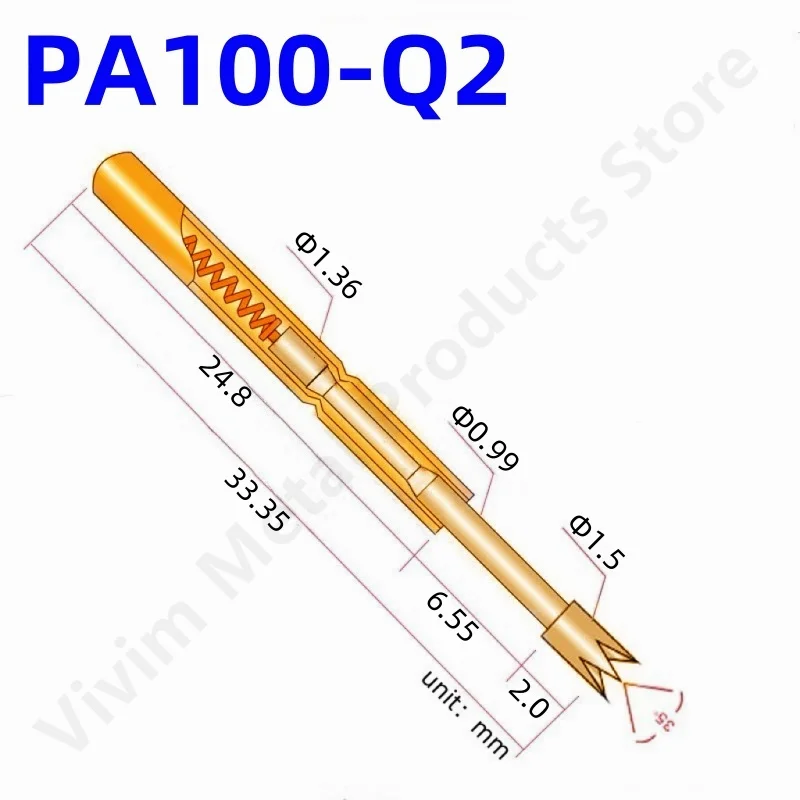 100PCS PA100-Q2 Spring Test Probe PA100-Q Test Pin P100-Q P100-Q2 Test Tool 33.35mm 1.36mm Needle Gold Tip Dia 1.50mm Pogo Pin