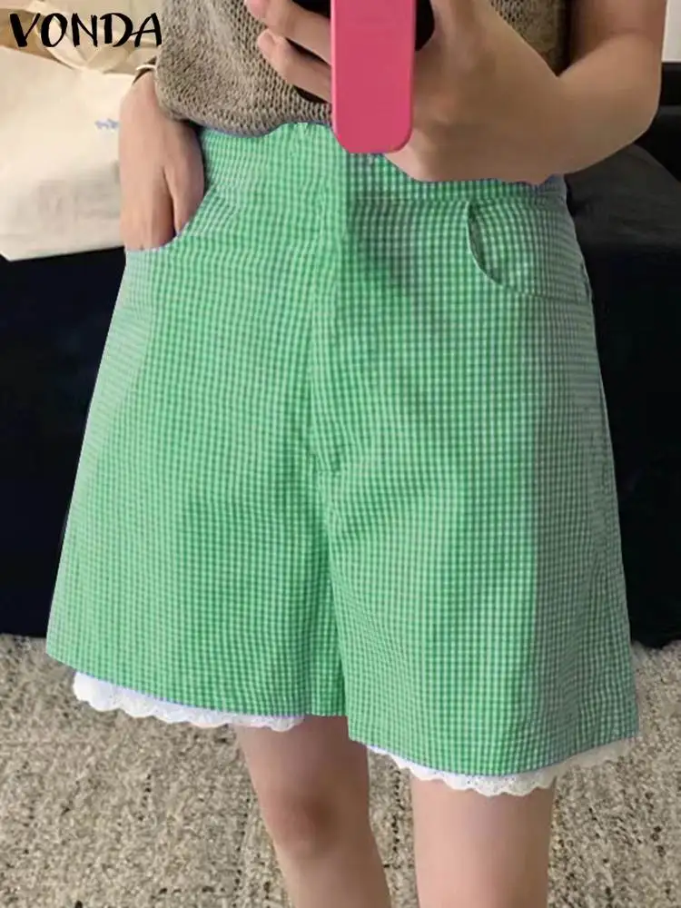 VONDA Women Plaid Shorts 2024 Fashion Casual Bohemian Holiday Summer Bottoms Party Oversized Printed Loose Lace Patchwork Shorts