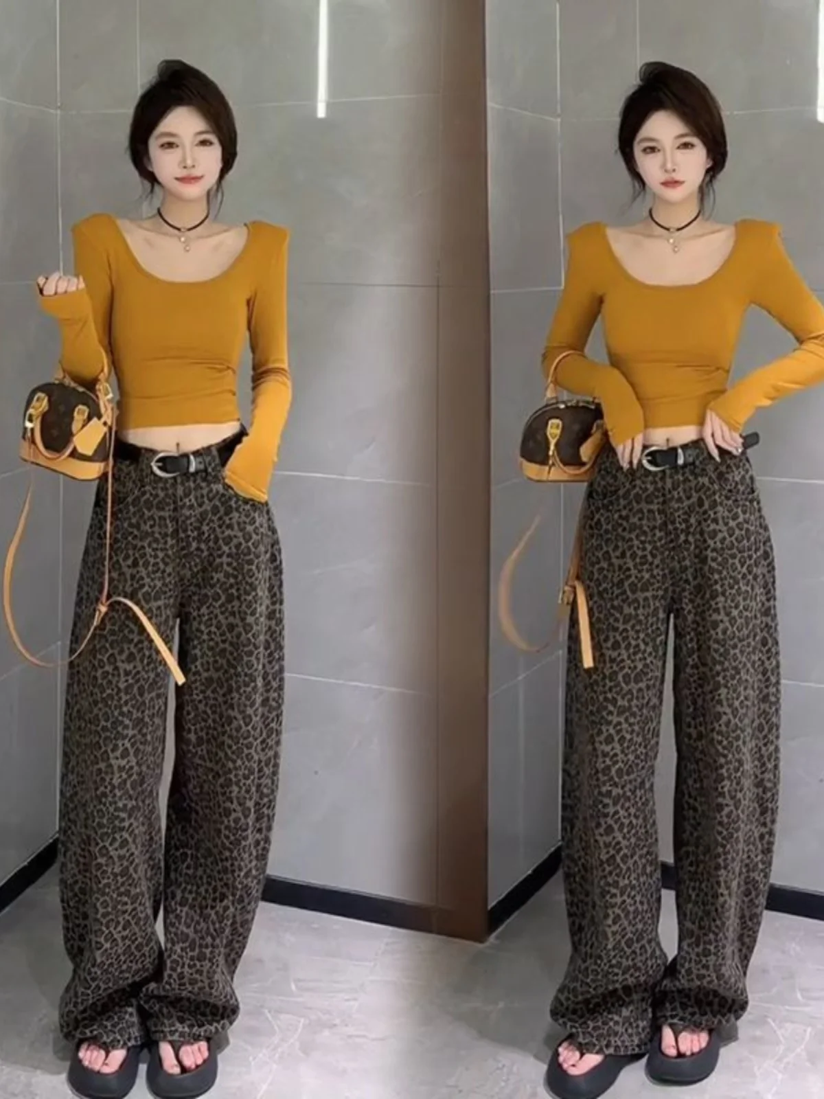 Setelan Panjang Motif Macan Tutul Ele Fashion Wanita Warna Polos Serbaguna Vintage Celana Pinggang Tinggi Nyaman Dipakai